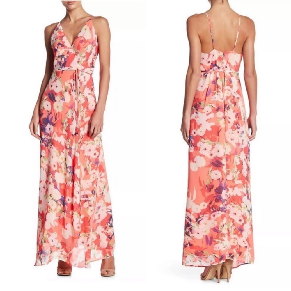 Fleur By Yumi Kim Lover Floral Maxi Wrap Dress Vermillion Bloom Orange Chic NWT
